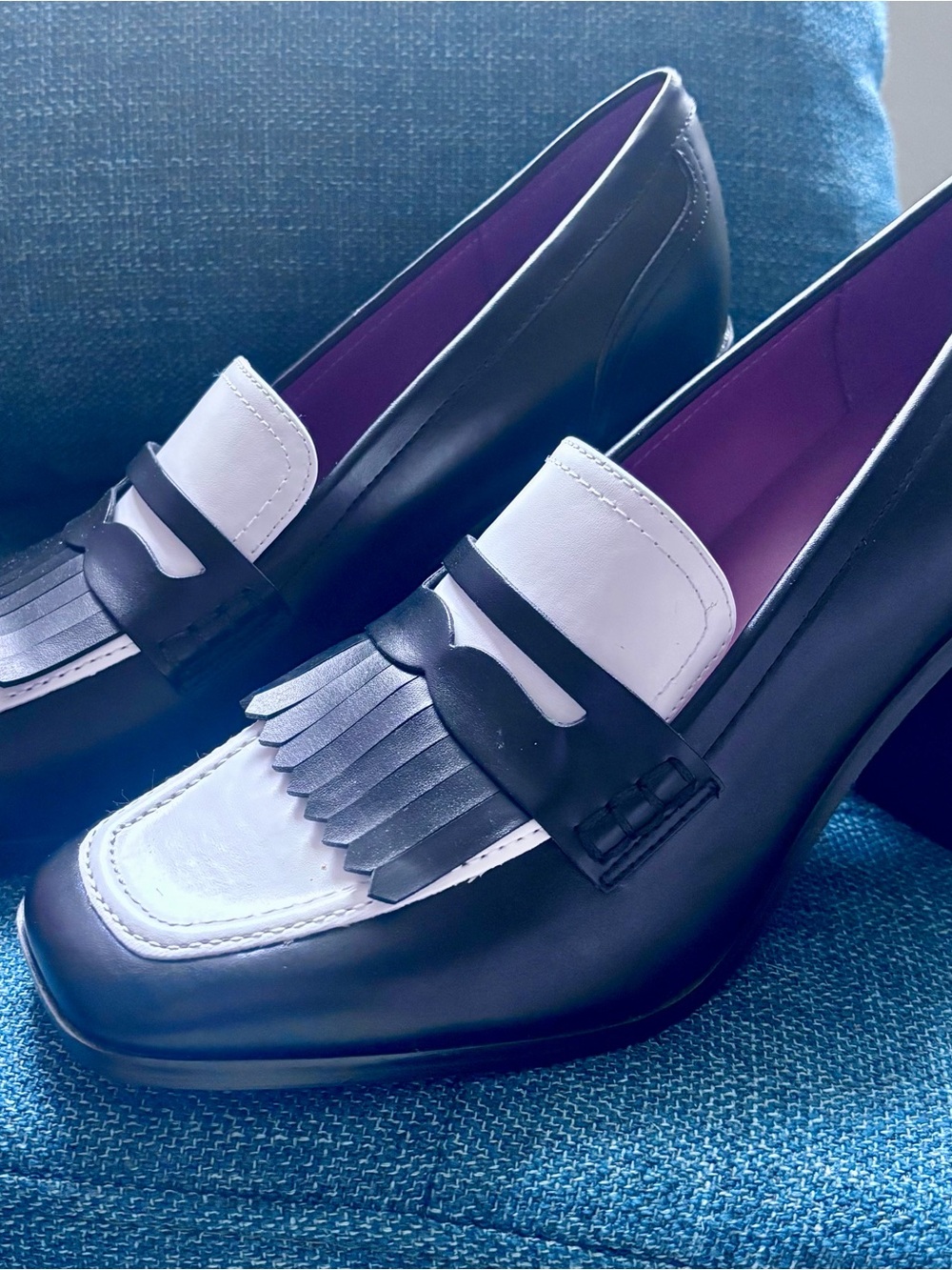 Marc Fisher Black and White Fringe Loafer Heels